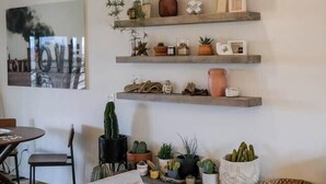 A living room with a grey armchair, a coffee table, and a chandelier with clear glass globes. There are shelves with plants and decorative items. - Soul Shine| Amazing Views | Location | Remodeled, Soul Shine| Amazing Views | Location | Remodeled (Joshua Tree)