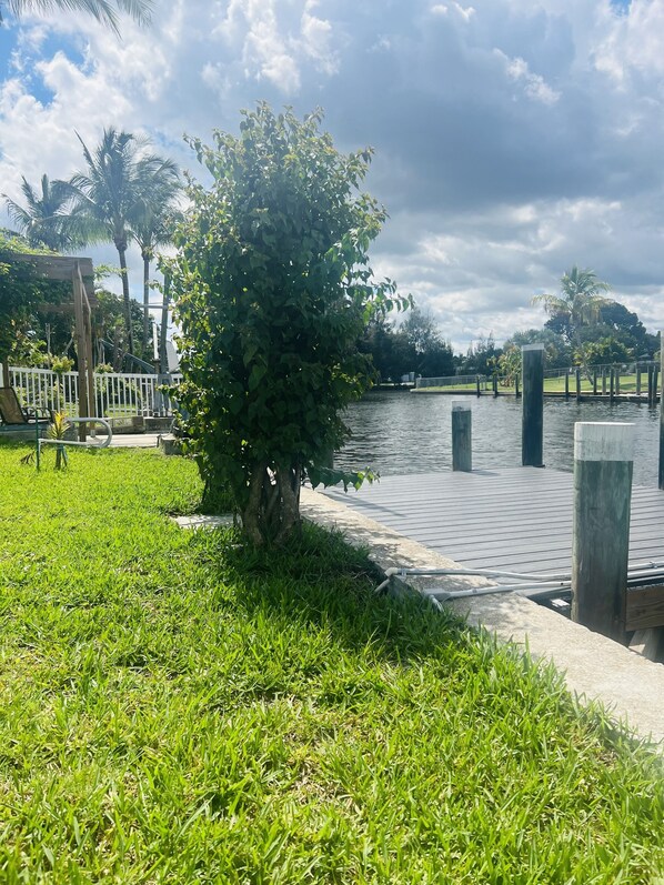 A riverside walkway with a wooden deck, grassy areas, and a tree.