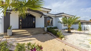 A modern house with a black front door, a small patio, and a palm tree.