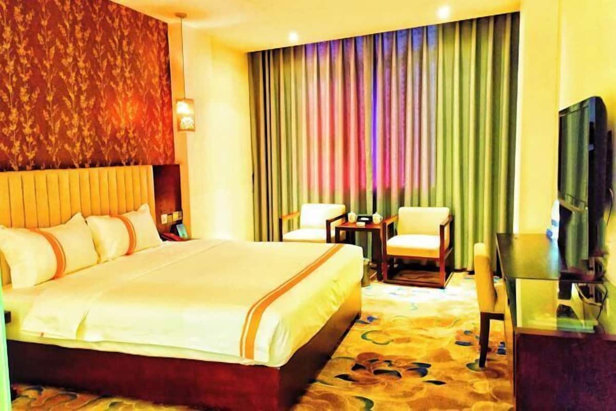 A hotel room with a large bed, a desk with a chair, a television, and a curtain with a gradient color pattern.
