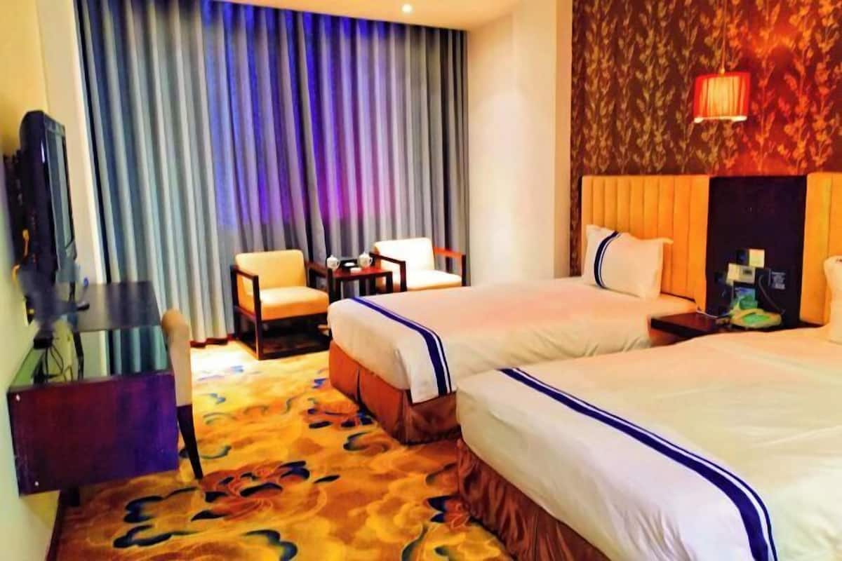 A hotel room with two beds, a desk, a chair, a television, and a patterned carpet.