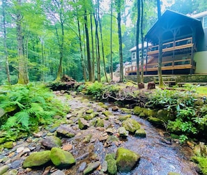 Un arroyo en un bosque con rocas y helechos, y un edificio de madera con balcón al fondo.