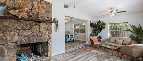 Smart TV, fireplace, books