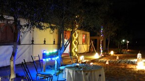 An outdoor dining area with a table and chairs, surrounded by trees and illuminated by string lights.