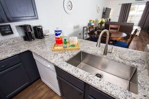 Fridge, microwave, dishwasher, coffee/tea maker