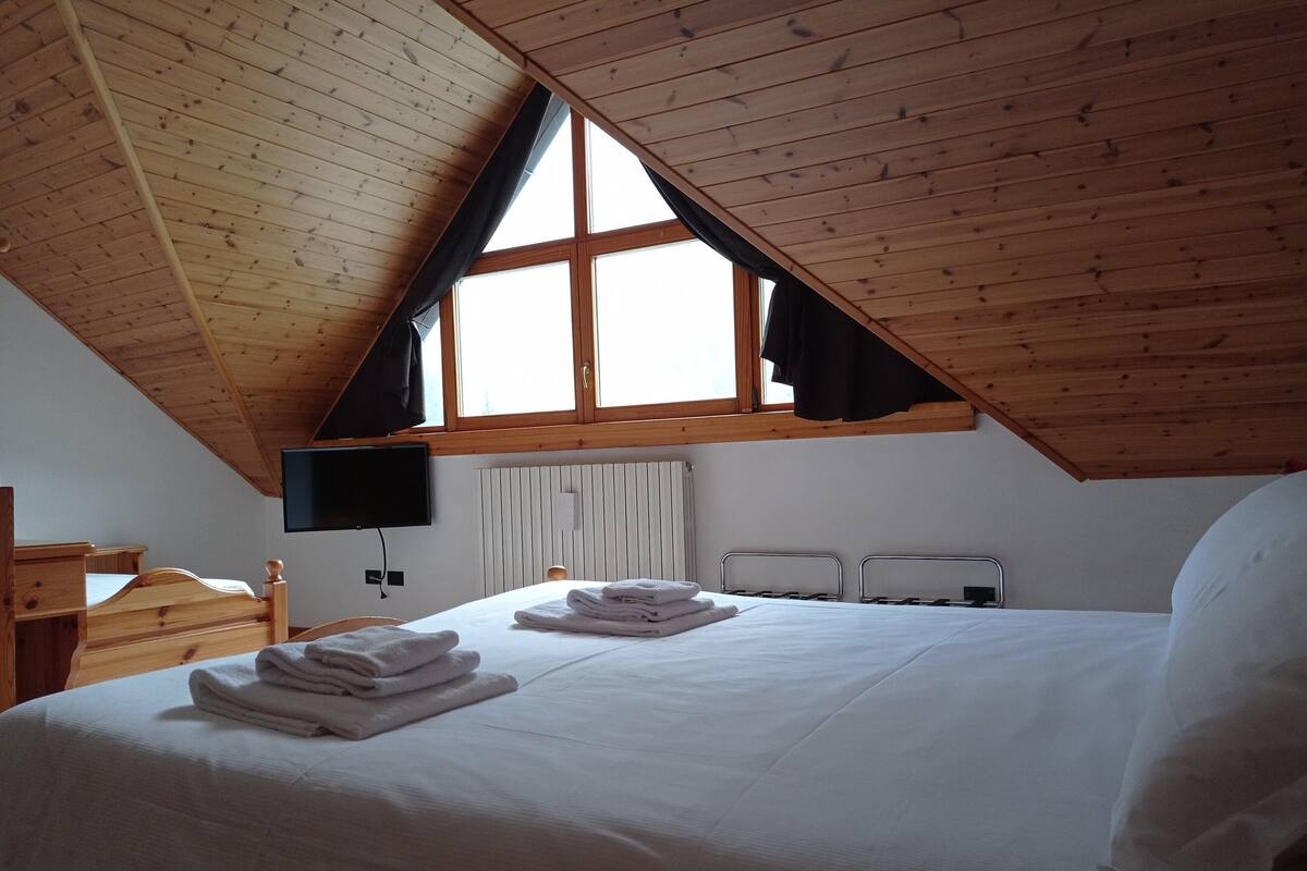 Hypo-allergenic bedding, down duvets, desk, laptop workspace