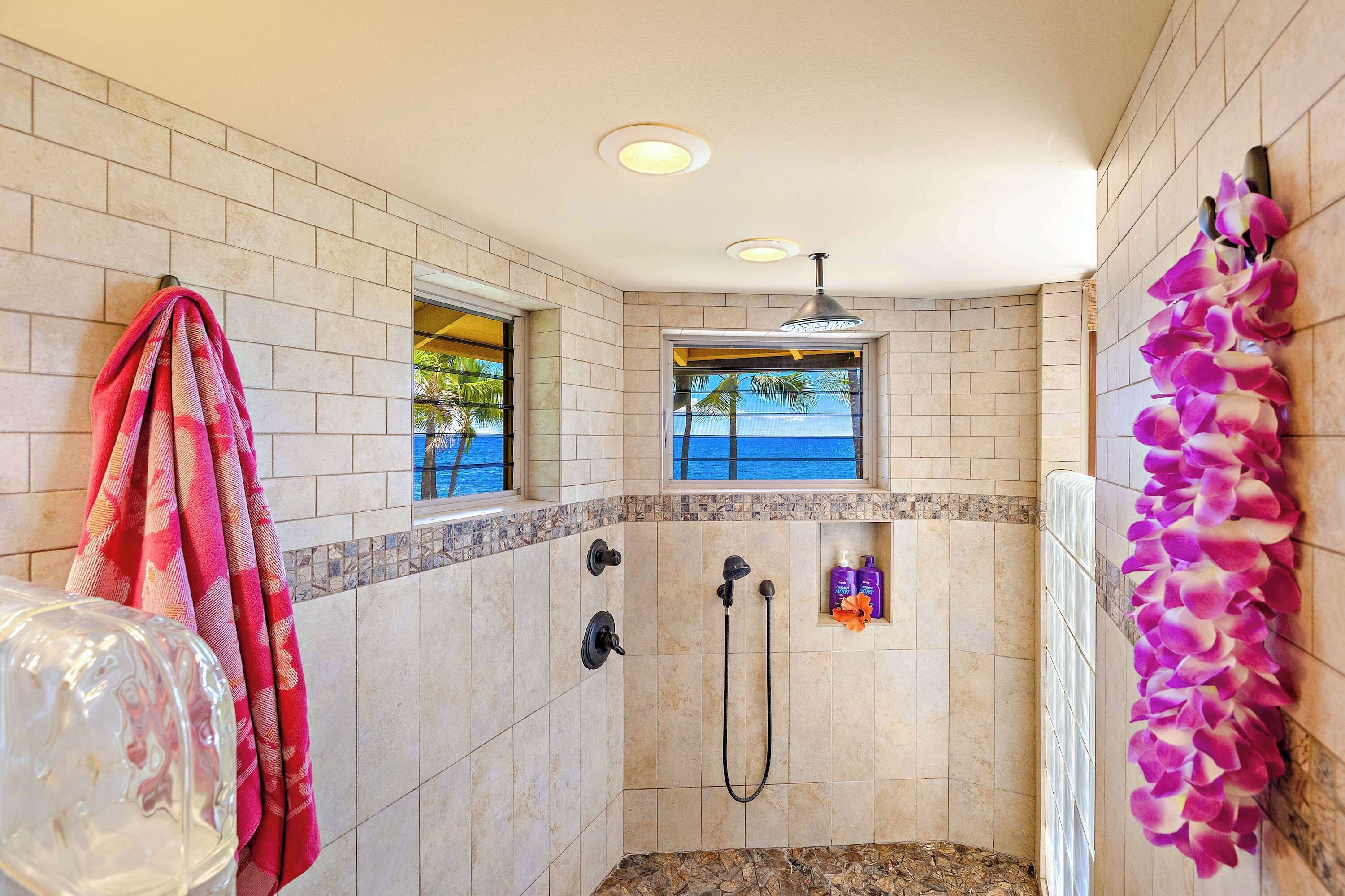 Shower, hair dryer, towels