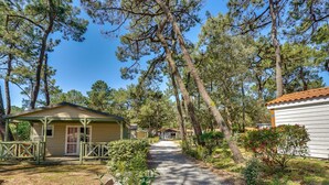 Un camping con cabañas, un área de picnic techada y un sendero de grava.