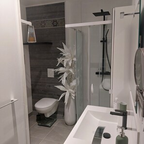 Dusche, Haartrockner, Handtücher, Shampoo