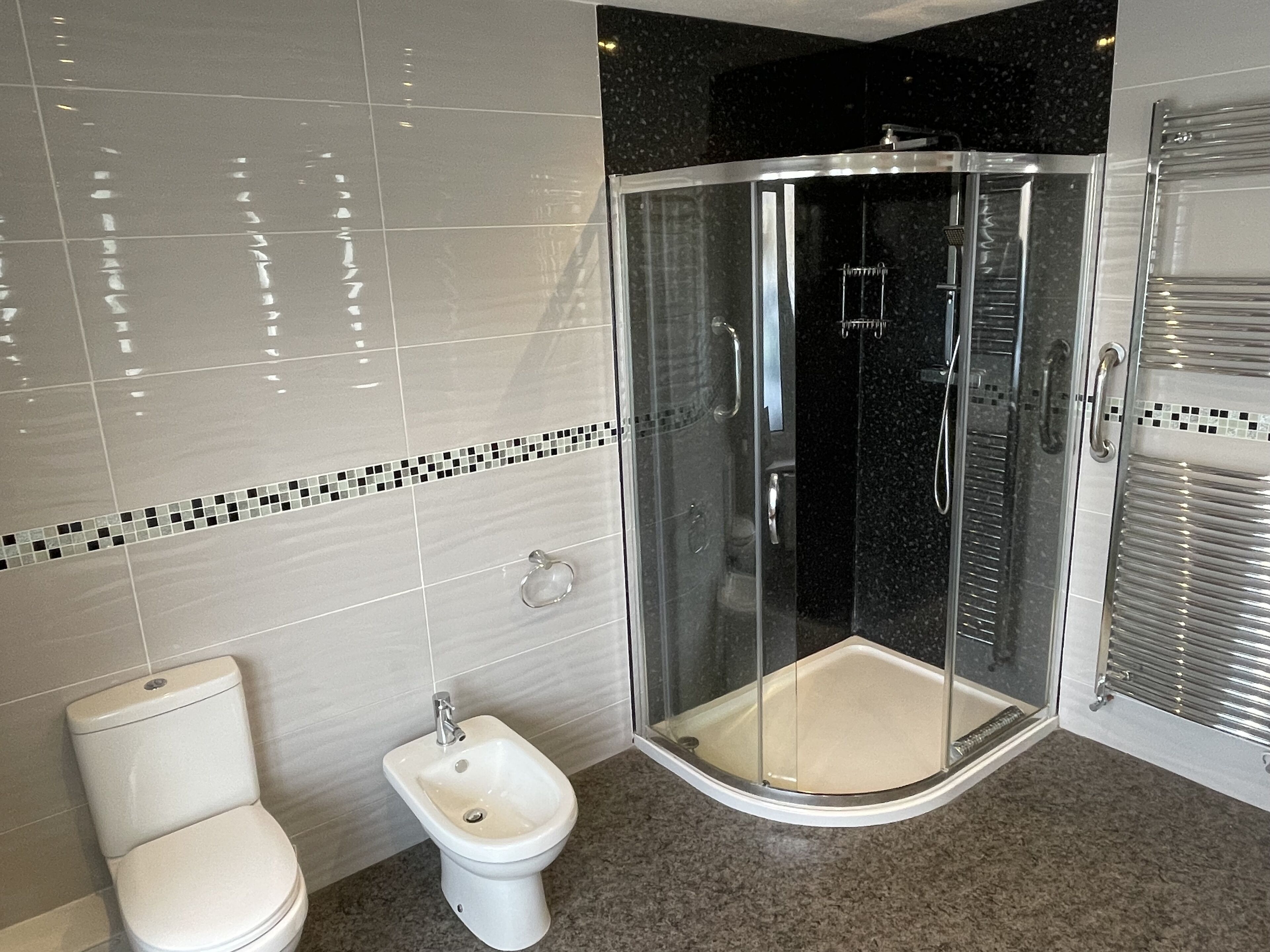 Combined shower/bathtub, hair dryer, bidet, towels