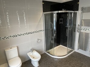 Combined shower/tub, hair dryer, bidet, towels