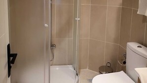 A bathroom with a glass-enclosed shower, a toilet, and a sink. - Panorama Suite (Istanbul)