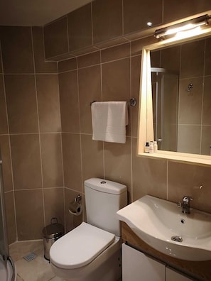 Chambre Panoramique, 1 lit double, vue mer, vue mer | Salle de bain | Douche, douche à « effet pluie », articles de toilette gratuits