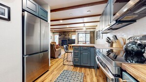 A modern kitchen with stainless steel appliances, dark cabinetry, and a stone fireplace.