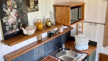 KĂŒhlschrank, Mikrowelle, Herdplatte, Wasserkocher mit Kaffee-/Teezubehör