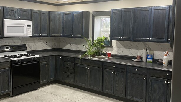 A modern kitchen with dark cabinetry, a white microwave, a stove, and a sink. - Working farmette at converted warehouse in the Allegany Mountains. (Allegany)