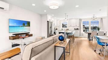 Televisio, takka, stereot, työhuone