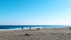 A wide sandy beach with people walking and sitting. - Superb apartment with sea and mountain views (Canet-en-Roussillon)