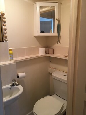 A small, basic bathroom with a toilet, sink, and a cabinet above the sink. - Homely 2- bed Apartment -ground Floor-sleeps 4 (Ilfracombe)