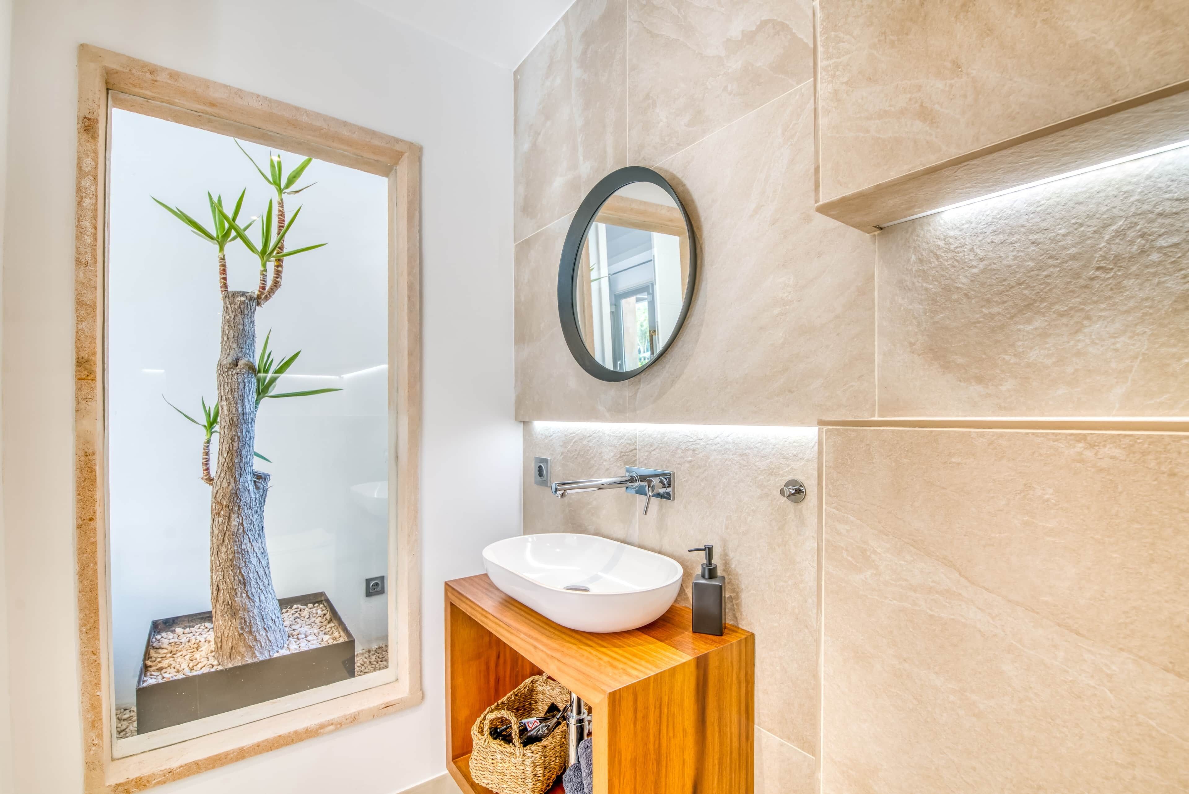 A bathroom with a wooden vanity, a white sink, a mirror, and a bonsai tree.