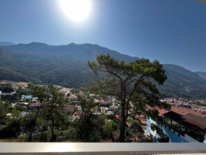 A town with a mountainous backdrop, featuring a prominent pine tree in the foreground.
