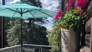 Un patio in legno con mobili da esterno, un vaso pensile con fiori e un ombrellone grande.