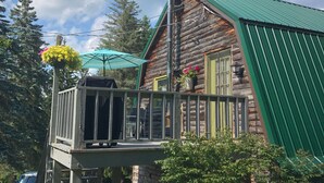 Una baita di legno con tetto verde, un balcone con un cesto di fiori pensili e una scala che vi conduce.