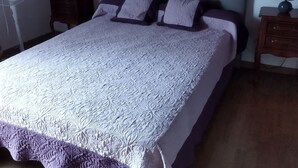 A bedroom with a large bed, a nightstand, a wall-mounted lamp, and a ceiling fan. - Village house 20 minutes from the beach (Piedicroce)