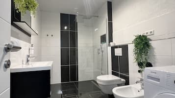 Shower, hair dryer, bidet, towels