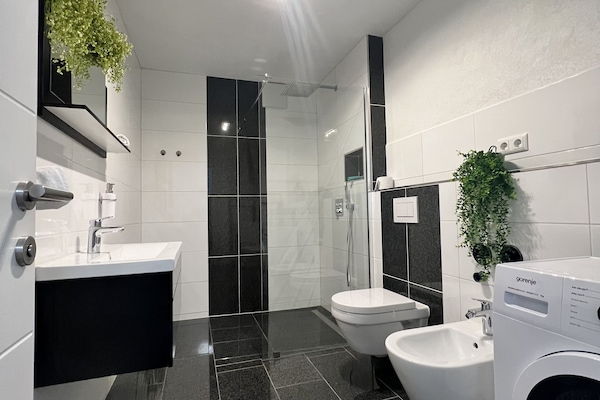 Shower, hair dryer, bidet, towels