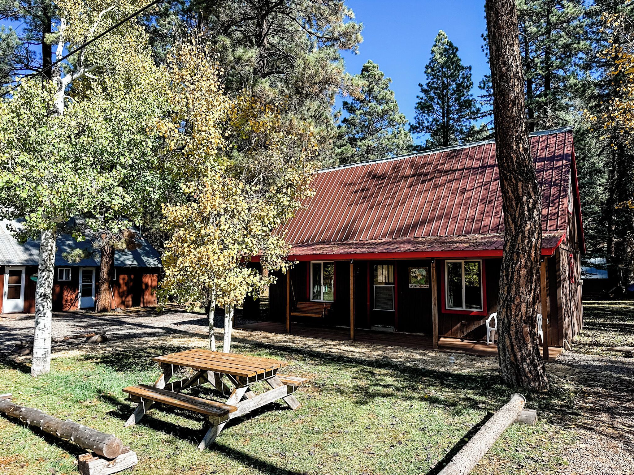 Un chalet rustique avec un toit rouge, entouré d’arbres et agrémenté d’une table de pique-nique dans un espace boisé.