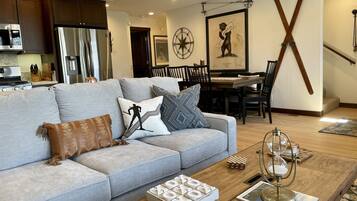 Smart TV, fireplace, books, stereo