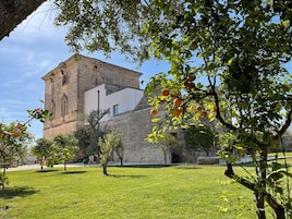 A historic building with a stone facade and a flat roof, surrounded by a well-maintained grassy area with trees bearing fruit.
