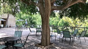 Une terrasse extérieure avec un sol en bois, des chaises et des tables en métal vert.