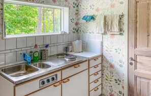 Fridge, stovetop, dishwasher, coffee/tea maker
