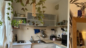 Een kleine keuken met witte kastjes, een spoelbak, een fornuis en een blender. Er hangen planten en een plank met diverse spullen.