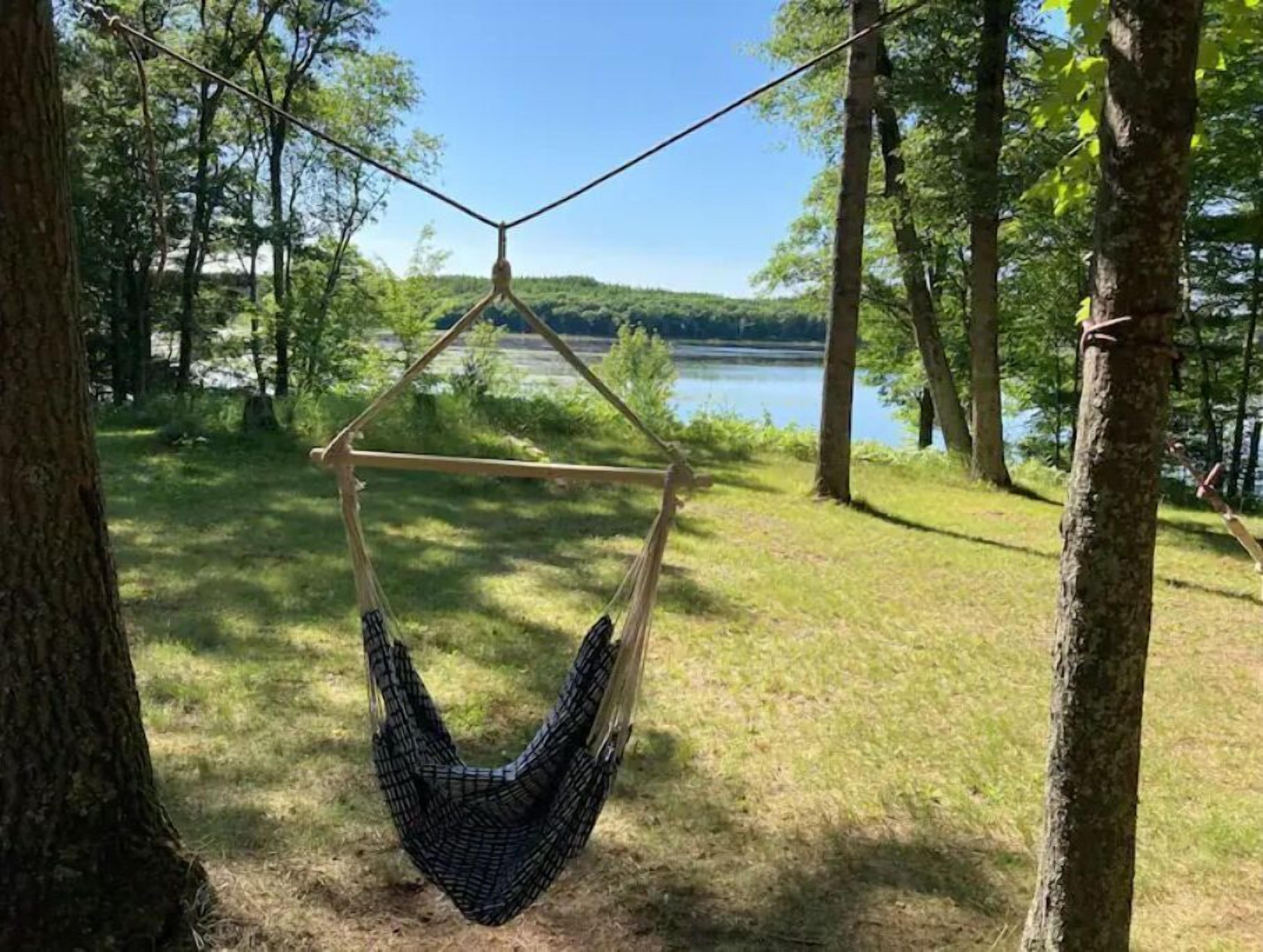 A hammock suspended between trees in a wooded area with a lake in the background.