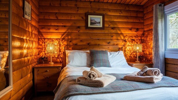 Een knus slaapkamer in een blokhut met een bed, twee bedlampjes, een raam en een ingelijste foto aan de muur.