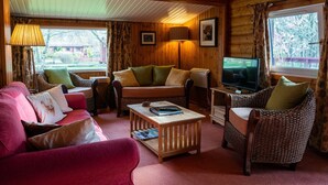 A cozy cabin interior with a wooden interior, a sofa, chairs, a television, and a window with curtains.