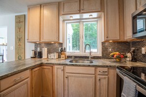 Fridge, microwave, oven, stovetop - Rocky Forest Cabin: Wood-Fired Hot Tub, State Park, Big Bass Lake, Pet Friendly (Gouldsboro)