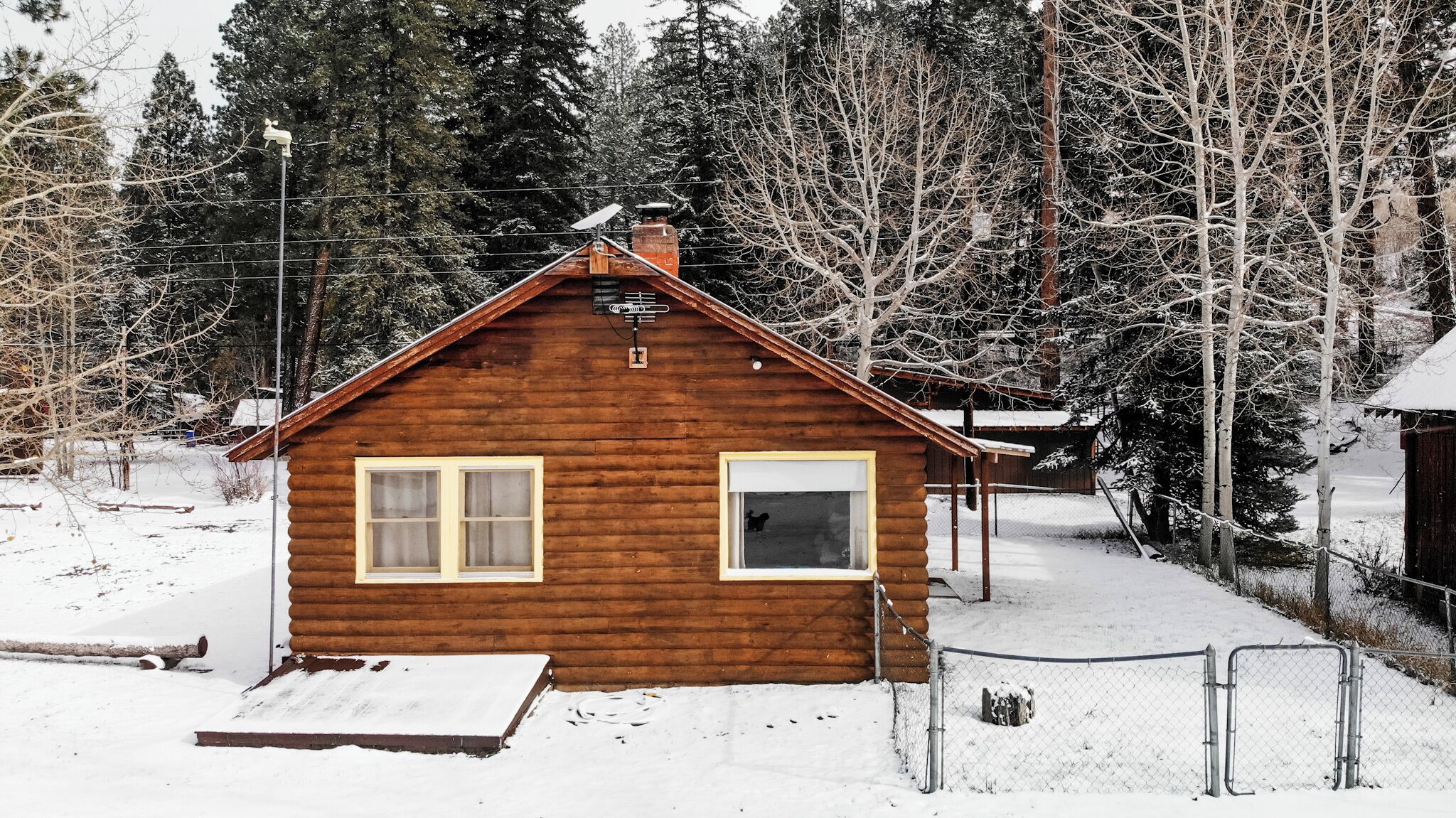 A small wooden cabin with two windows, surrounded by snow-covered trees and a metal fence.