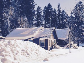 A log cabin surrounded by snow-covered trees. - Croll Cabins-Price Bunkhouse-#4 at Vallecito Lake. Beautiful views, pet friendly (Bayfield)