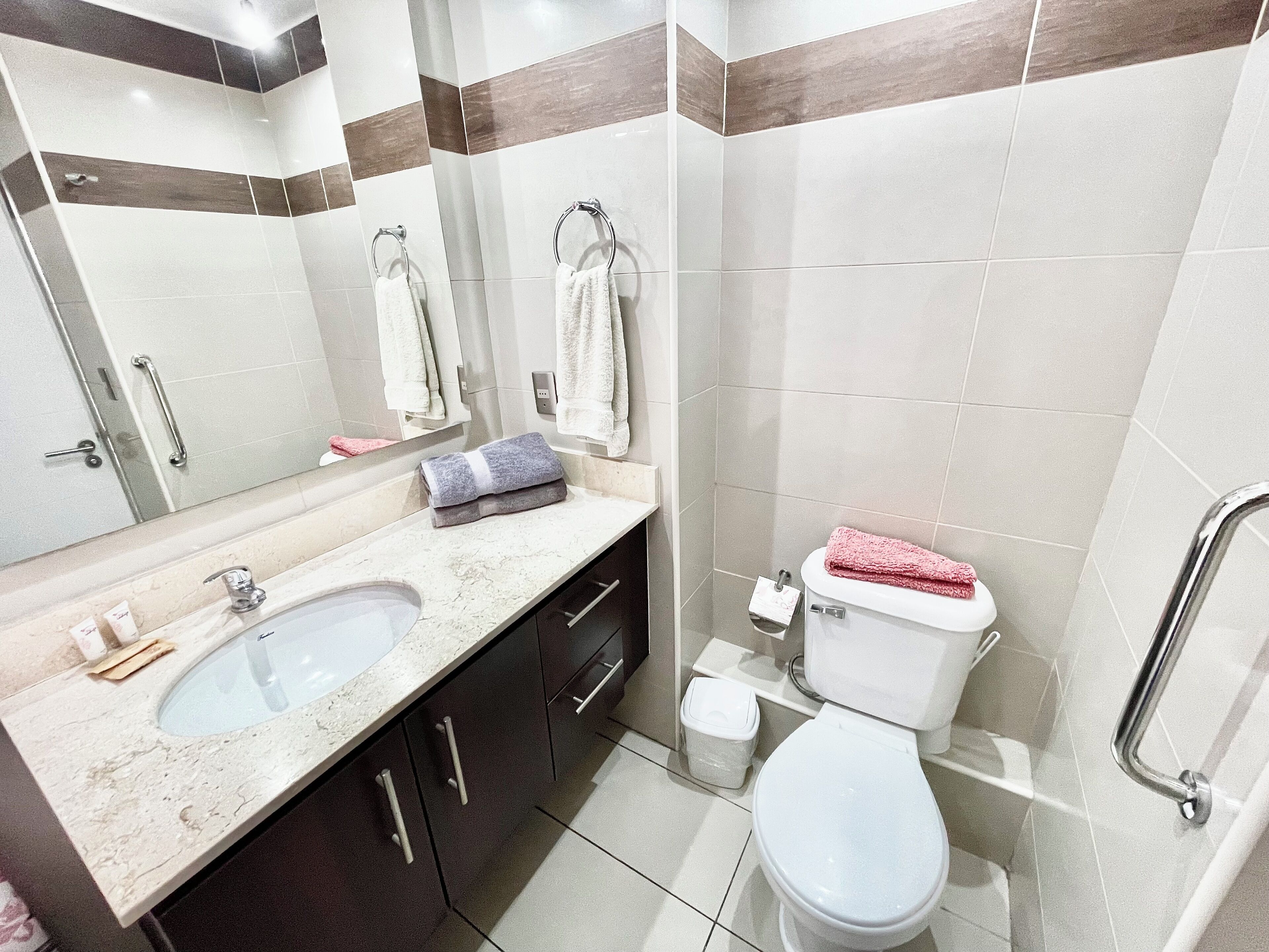 A modern bathroom with a sink, mirror, toilet, and shower.