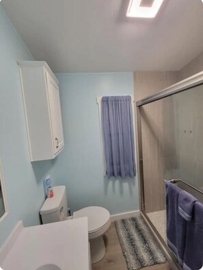 Combined shower/tub, hair dryer, towels, soap