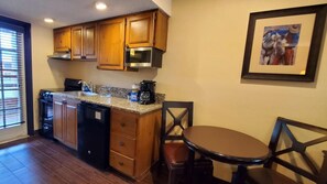 Fridge, microwave, coffee/tea maker, toaster