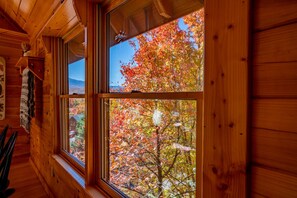 A wooden cabin interior with multiple windows, each offering a view of autumn foliage.