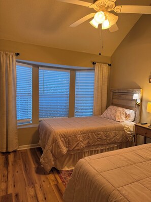 2 bedrooms, memory-foam beds, desk, iron/ironing board