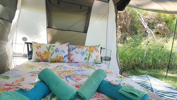 A bed with floral bedding and rolled towels, a bedside table, and a lamp. - Meyenburg Luxury Tent with shared bathroom/kitchen/lounge (Mount Morgan)