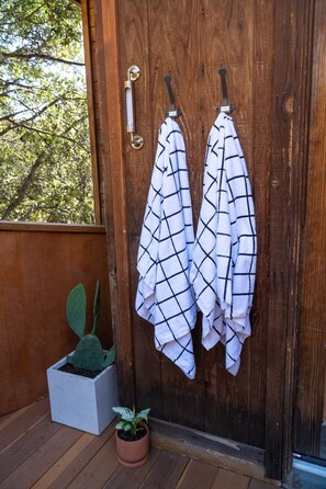 Welcome to a cozy entryway with a potted plant and towels hanging on hooks.