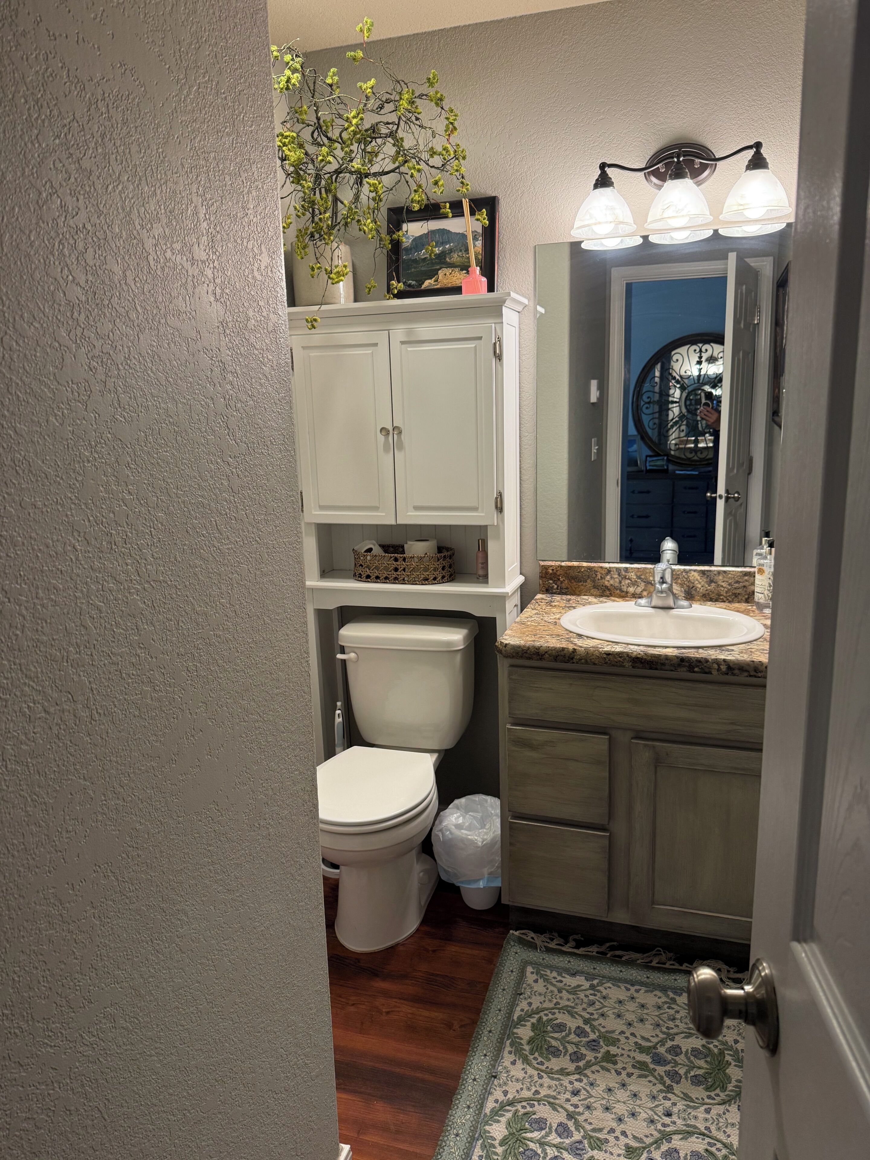 A bathroom with a toilet, sink, and cabinet.
